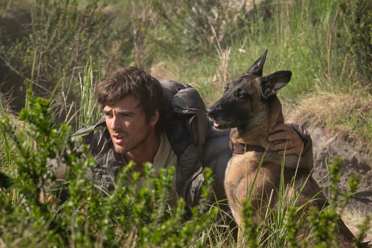 A man crouches in a thicket while putting his arm around a dog.