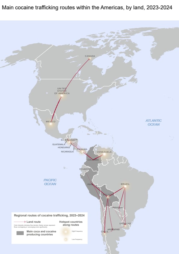 United Nations Office on Drugs and Crime shows the main cocaine trafficking routes within the Americas by land in 2023-24.