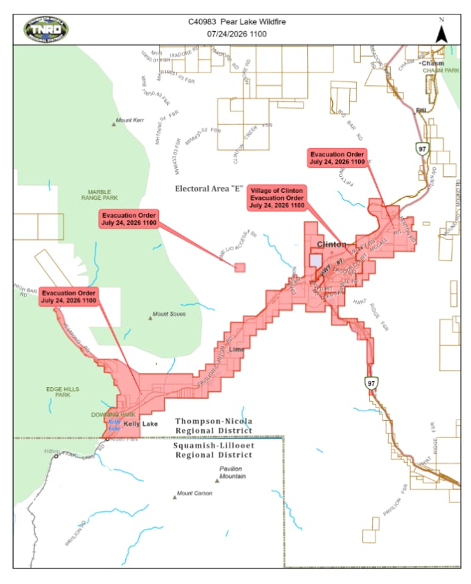 A map showing Friday's evacuation order for the Pear Lake wildfire.