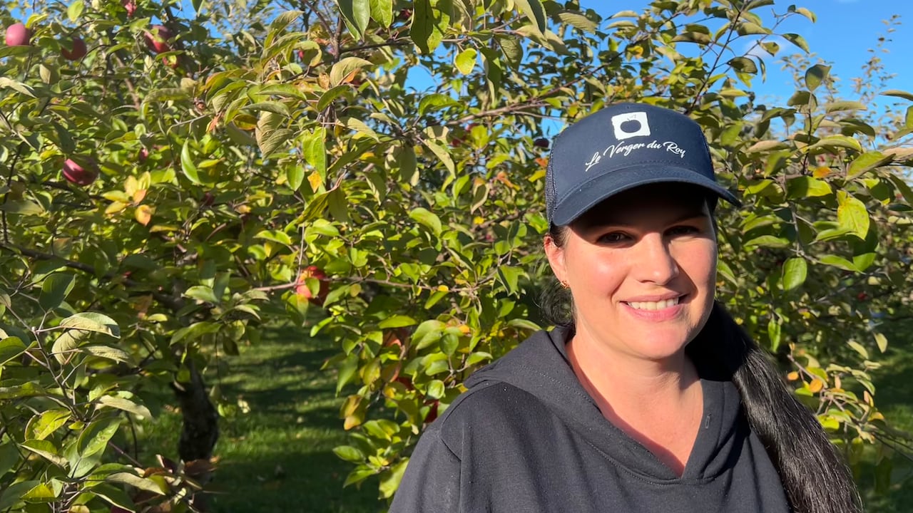 A woman standing in the middle of apple trees.