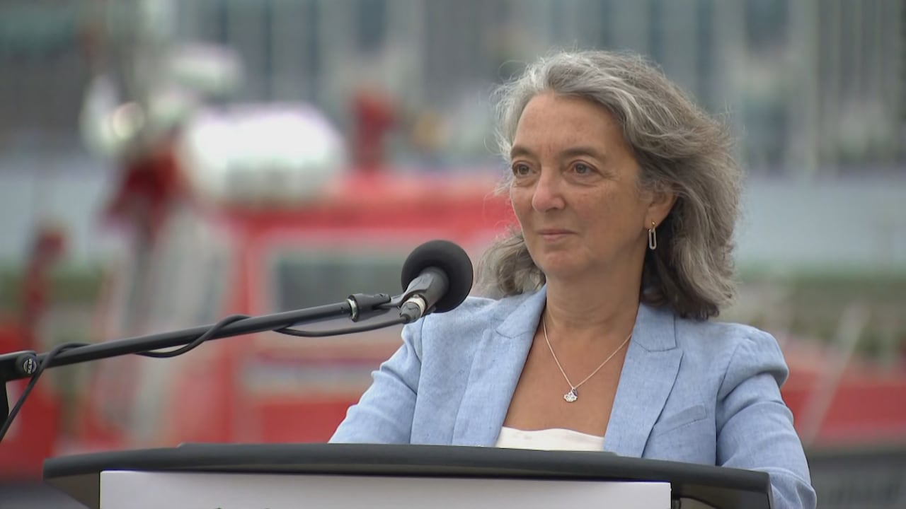 Environment and Climate Change Minister Julie Dabrusin speaking to reporters in Dartmouth. 