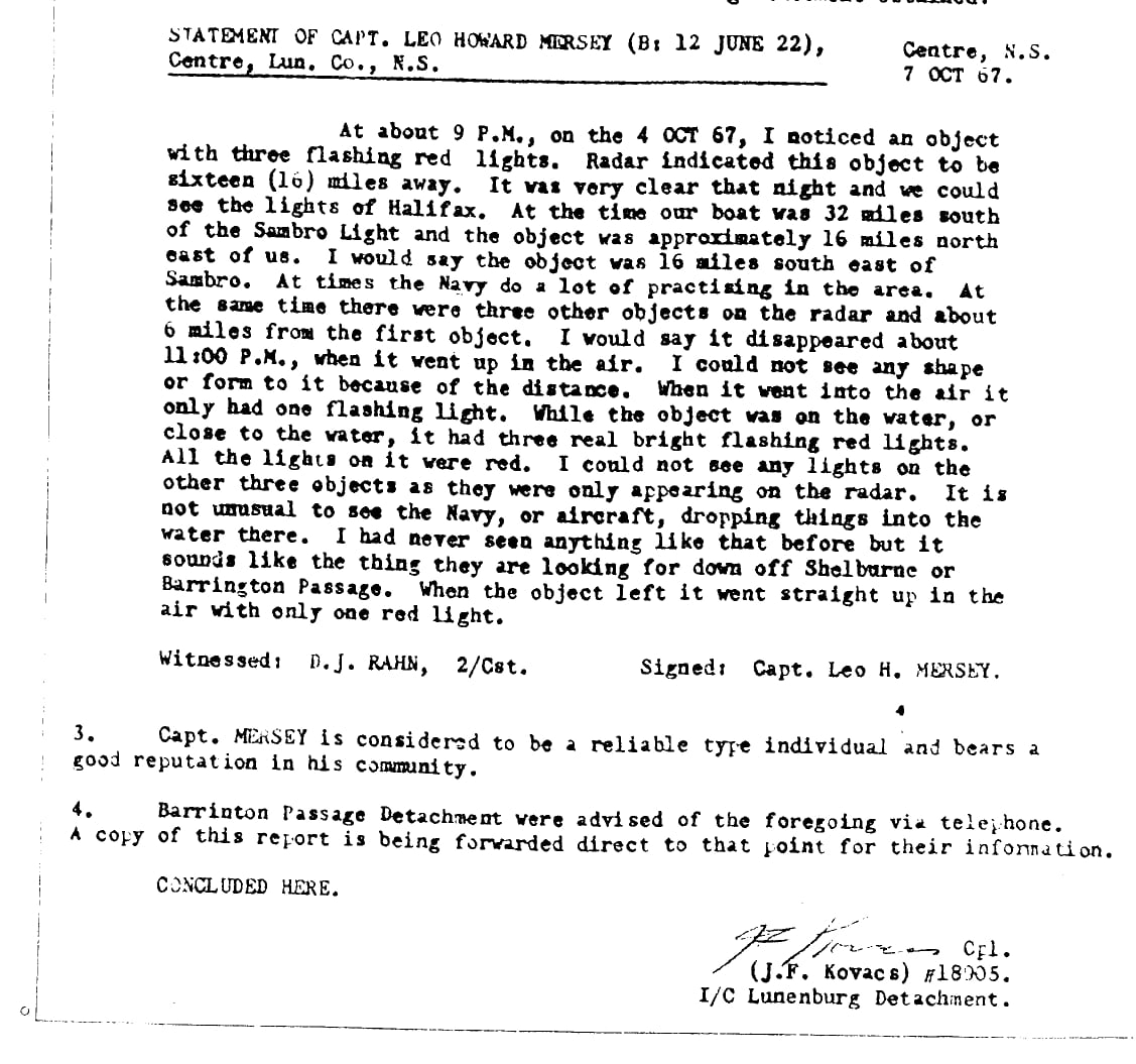 A black-and-white historical document shows a sworn statement taken by the RCMP in 1967.