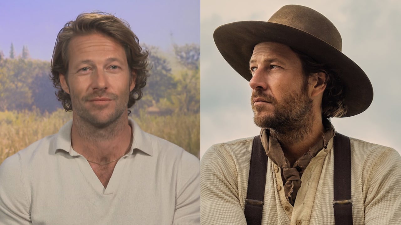 Composite showing blonde man on the left and same man in character with a cowboy hat and beard on the right.