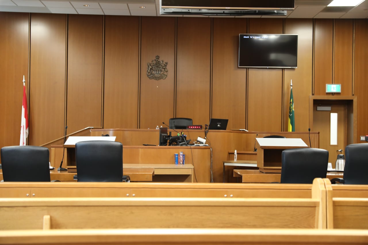 File - An empty courtroom at Saskatoon Court of King's Bench.