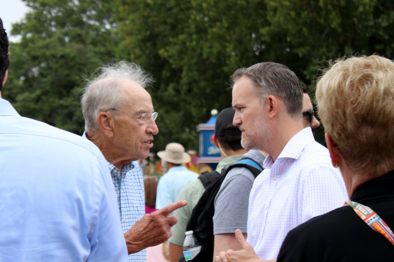 Iowa Sen. Chuck Grassley, left, speaks with United States Trade Representative Jamieson Greer