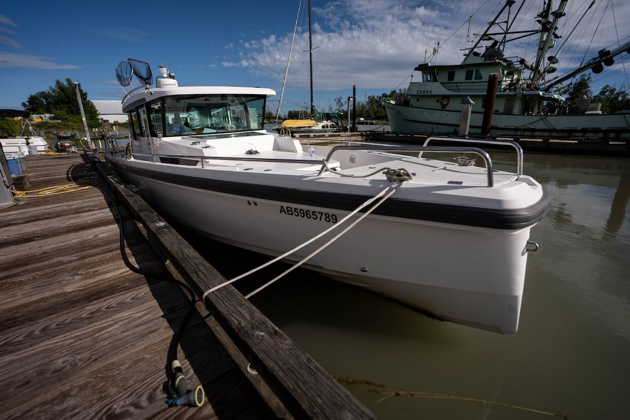 A boat sits docked at a harbour.