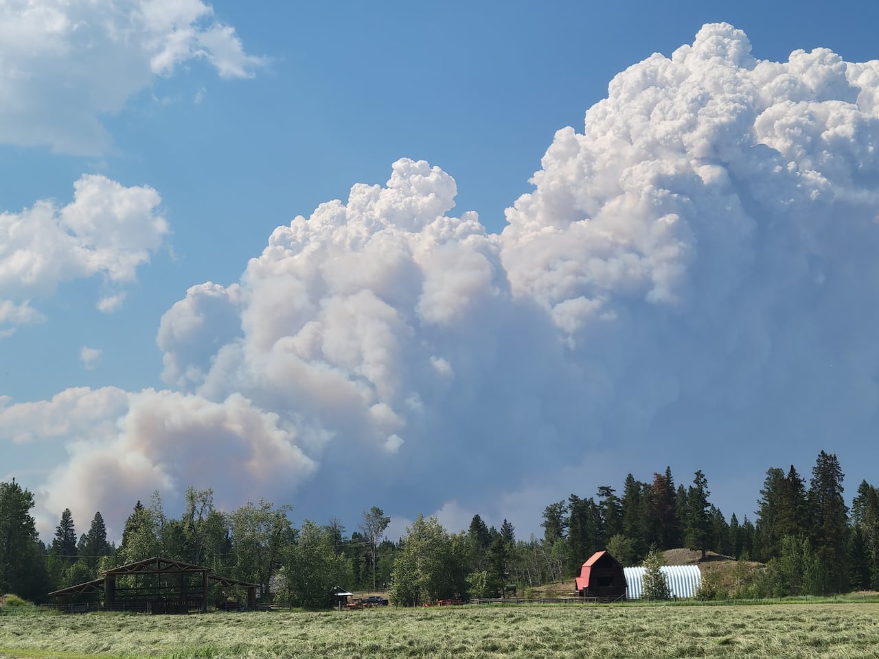 A very large plume of white and grey smoke rises in the sky over farm fields.