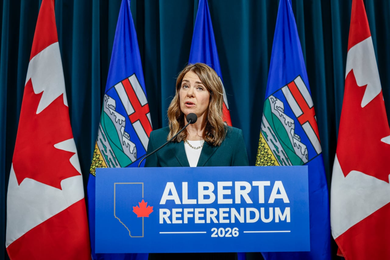 Alberta Premier Danielle Smith speaks during a news conference on the October referendum in Calgary on May 22, 2026.