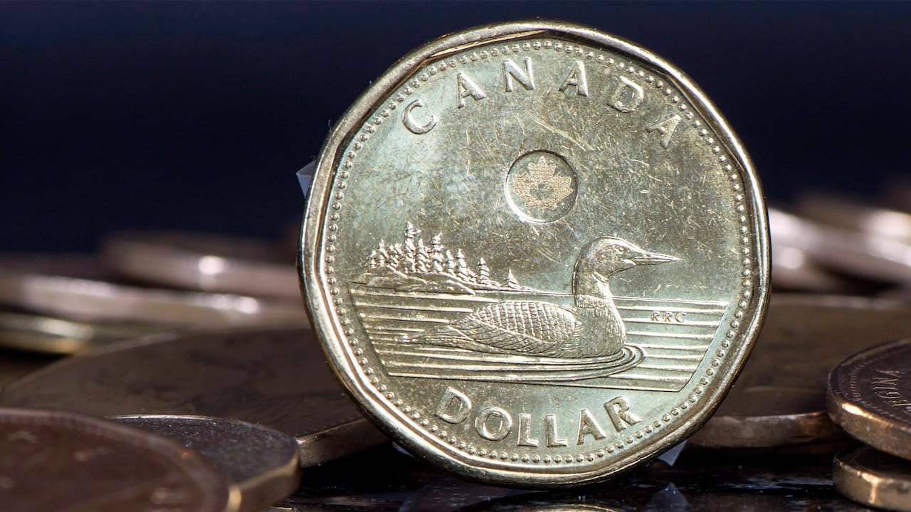 Gold Canadian coin standing upright with others dispersed on the floor around it. 