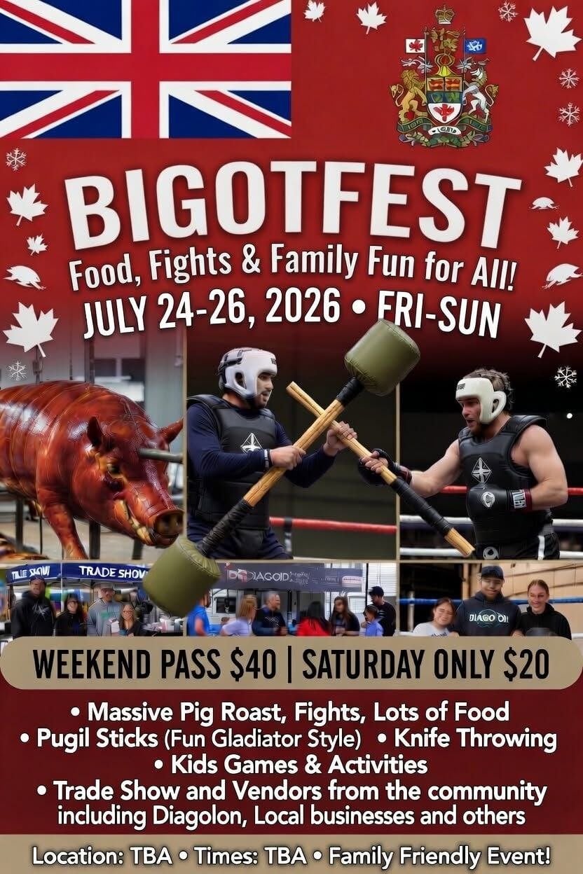 An image of a promotional poster that reads "BIGOTFEST" and "Food, fights and family fun for all!"