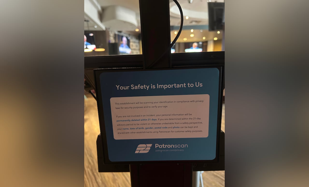A sign that says Patronscan and explains how the data collected will be used, shared and retained.