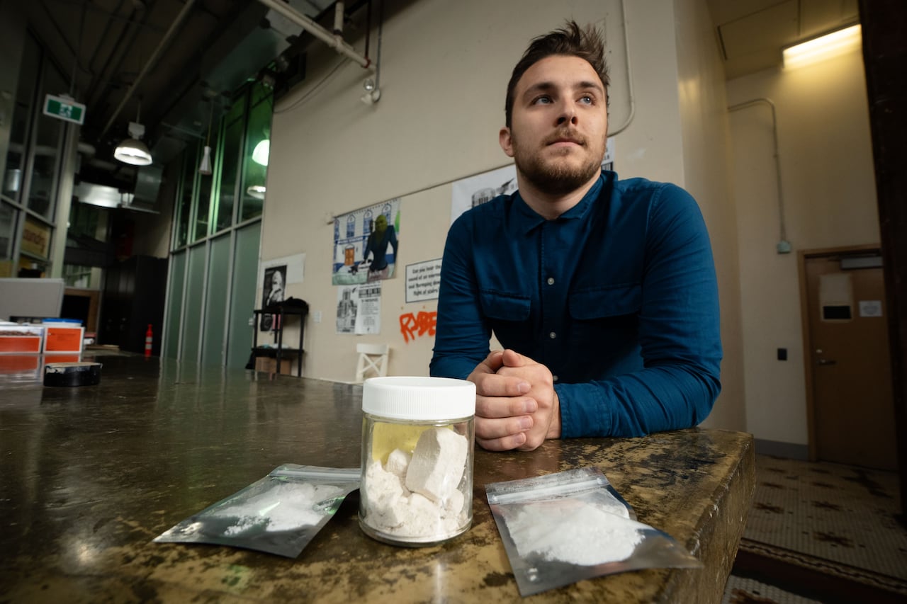 Jeremy Kalicum is pictured at DULF (Drug User Liberation Front) headquarters in Vancouver in September 2023. (Maggie MacPherson/CBC)