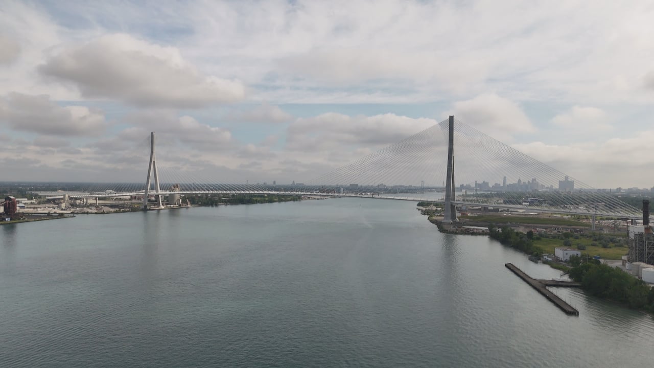 A photo taken from a drone of a large bridge