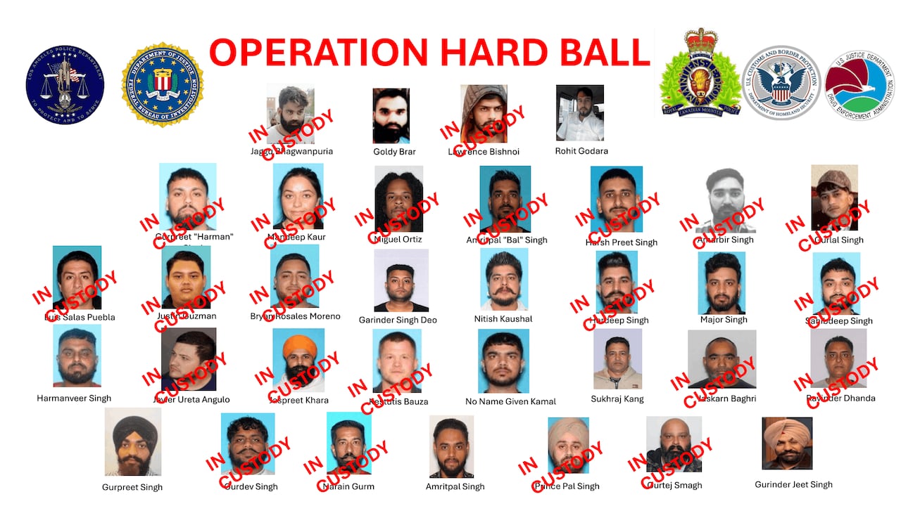 A poster titled Operation Hard Ball displays law enforcement logos and mugshots of suspects, with many marked by red In Custody text stamps.