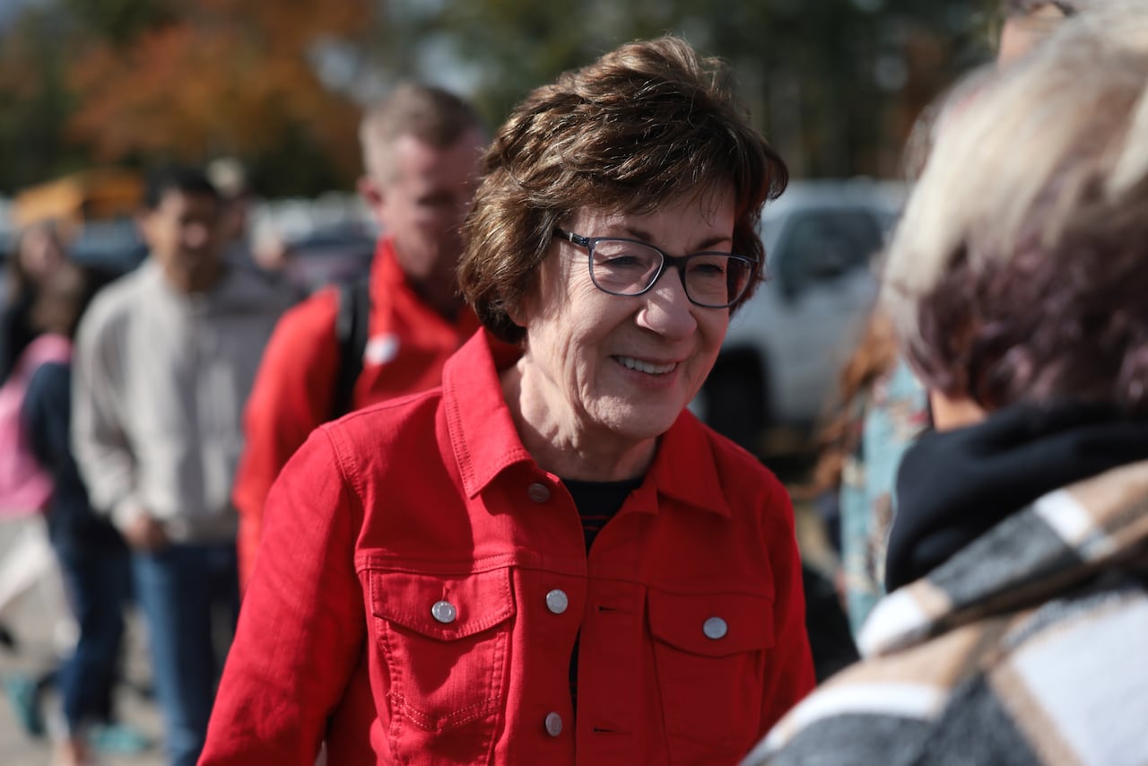 U.S. Sen. Susan Collins campaigns in Fryeburg, Maine on Oct, 9, 2026. Collins, a Republican, is in a tight race with Democrat Troy Jackson.