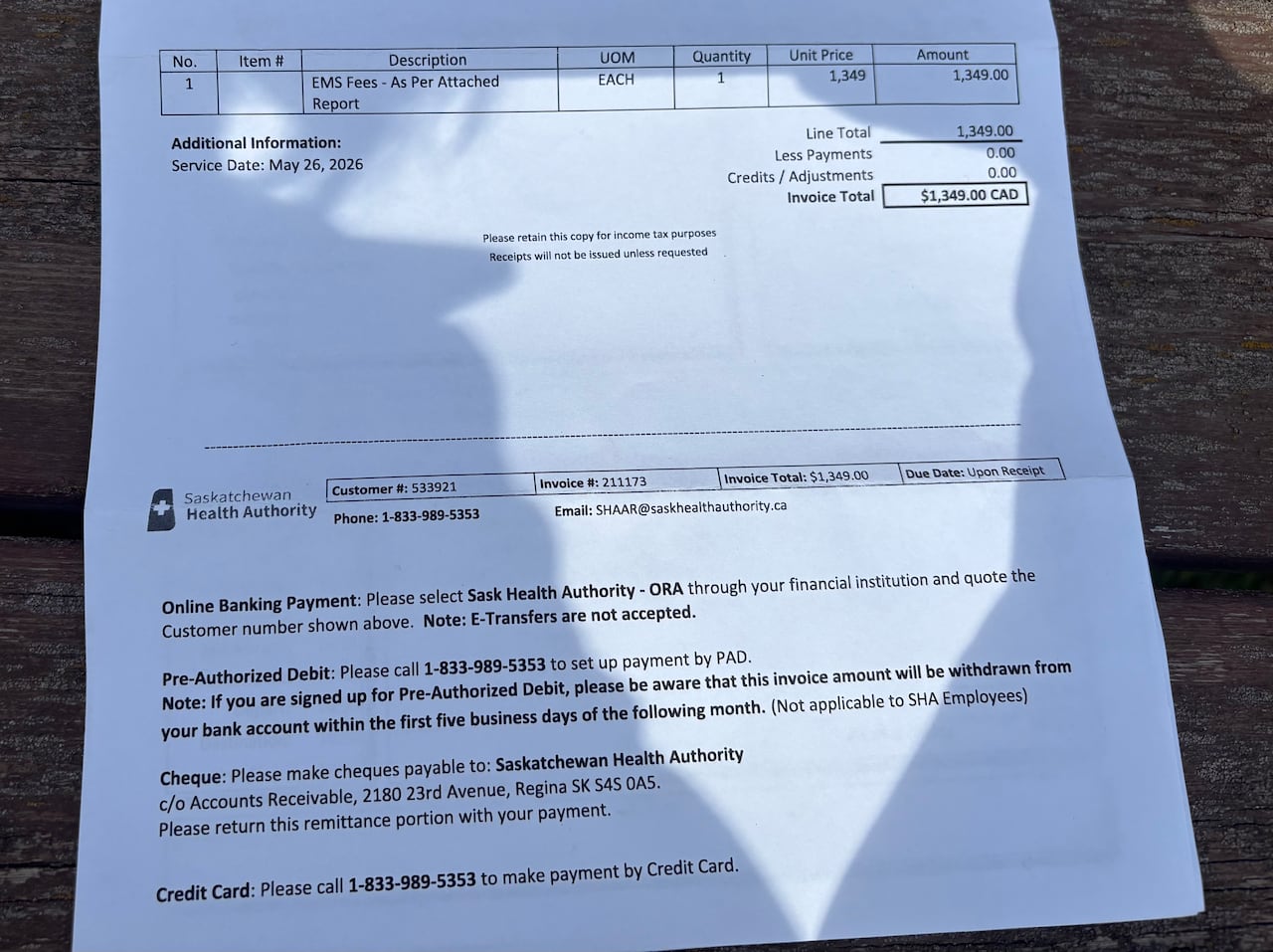 一张带有萨斯喀彻温卫生管理局徽标的打印账单