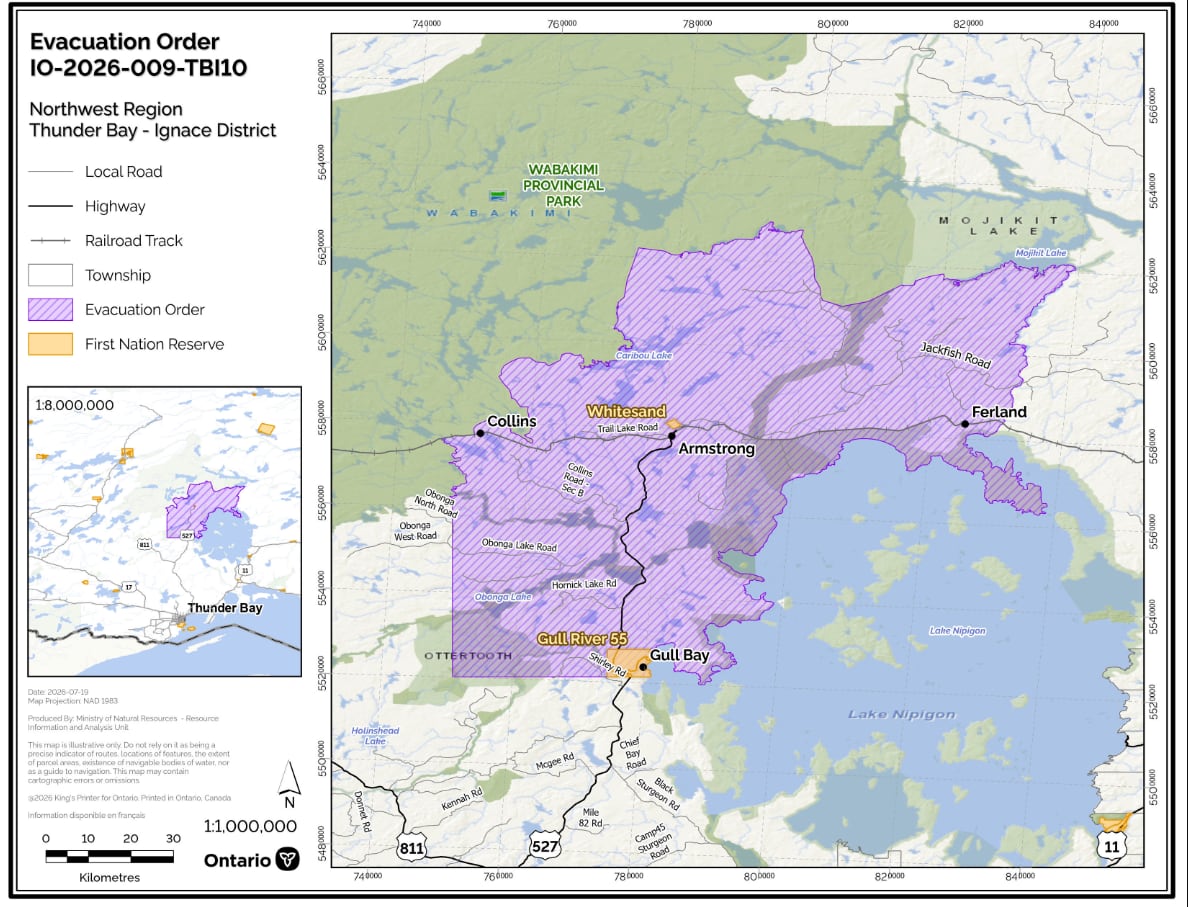 A map highlights an area north and east of Lake Nipigon in northern Ontario.
