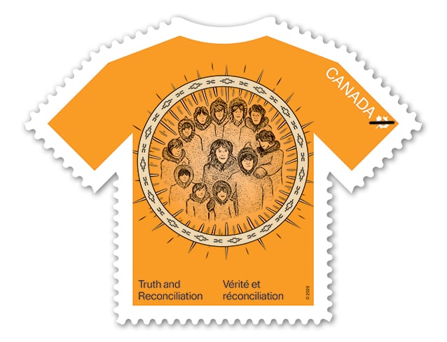 a stamp designed like an orange T-shirt with children's faces at different ages arranged in a circle.