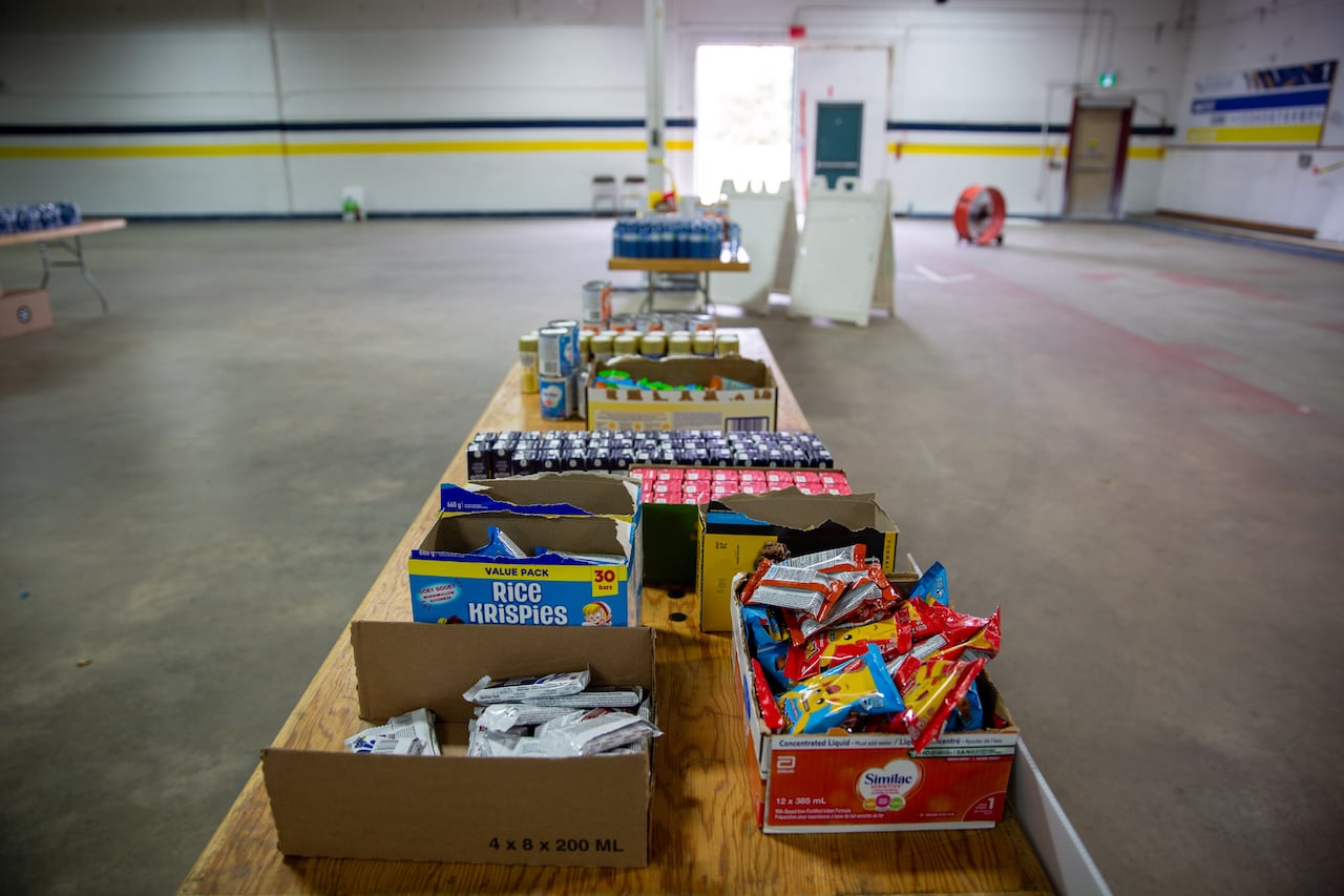 A table filled with food in an arena.