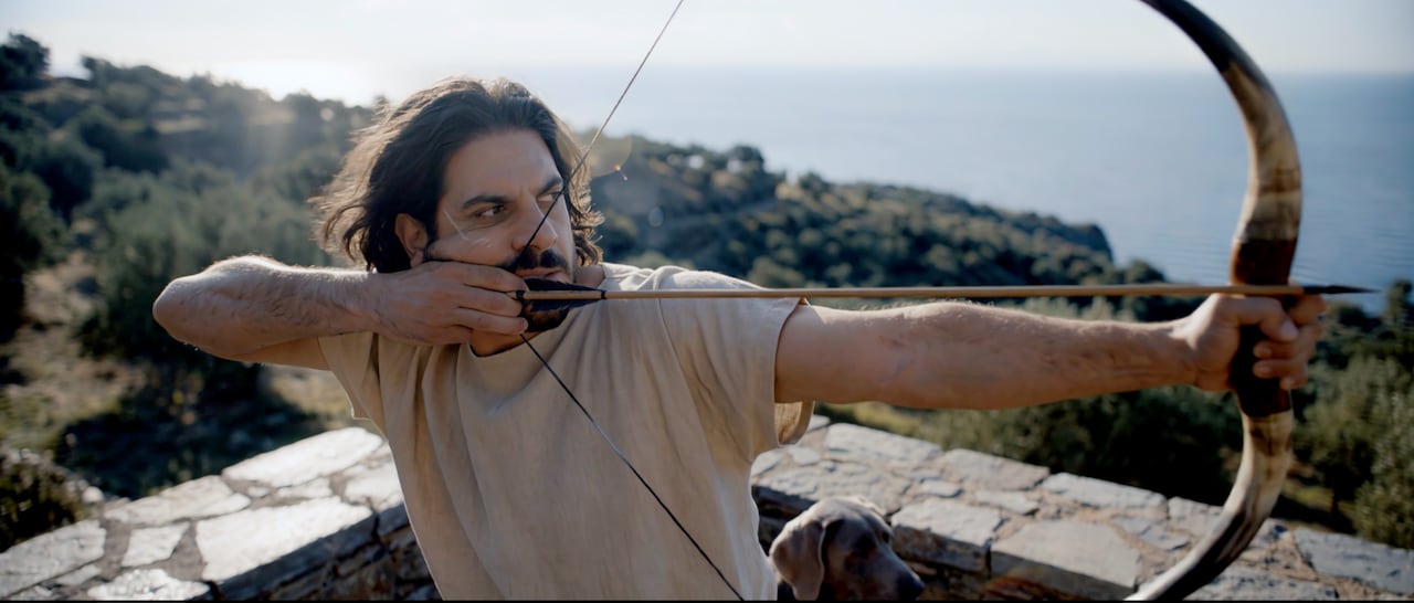 An AI generated scene of a man pulling a bow.
