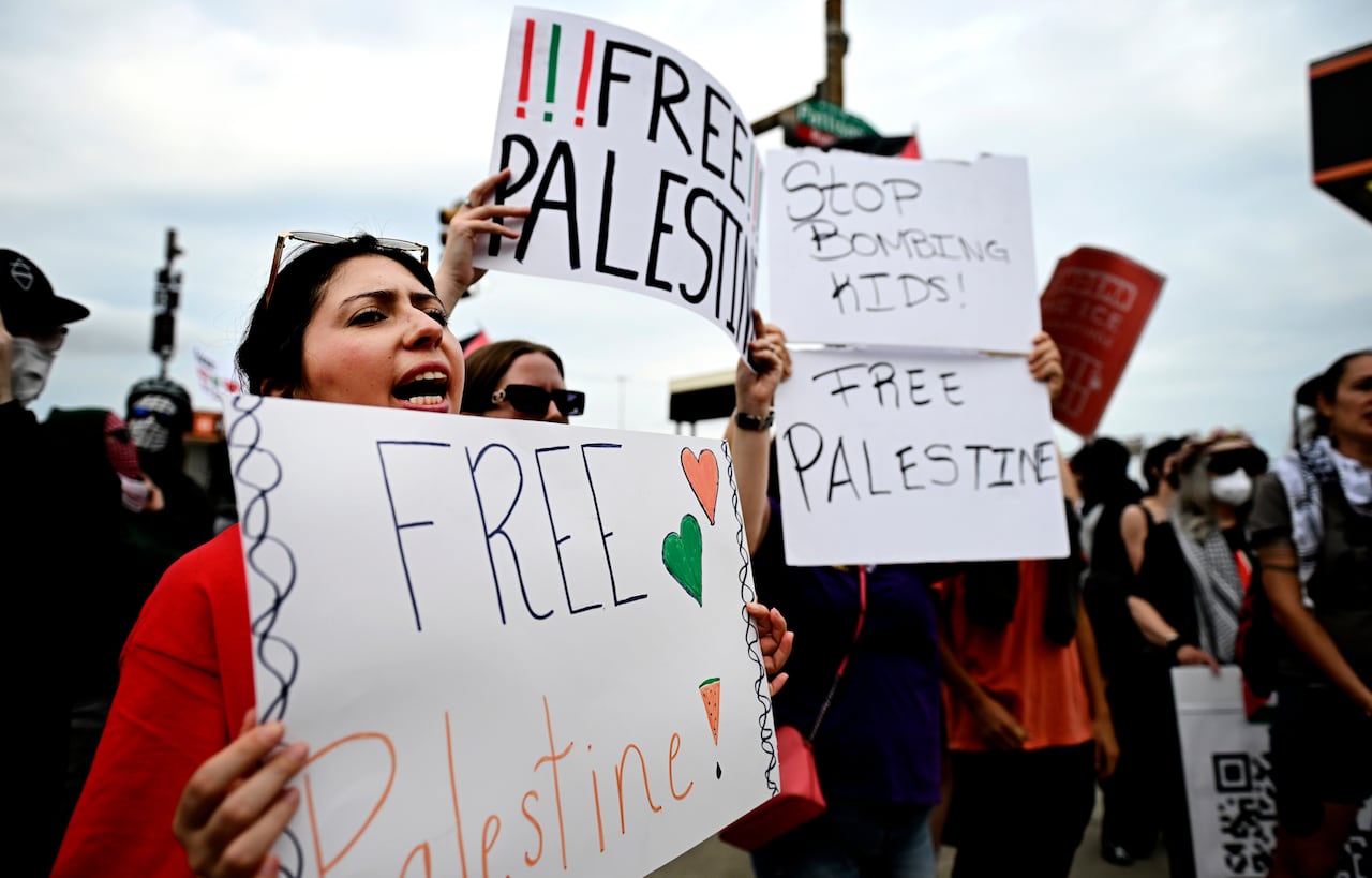 A group of protesters hold signs that say "Free Palestine".