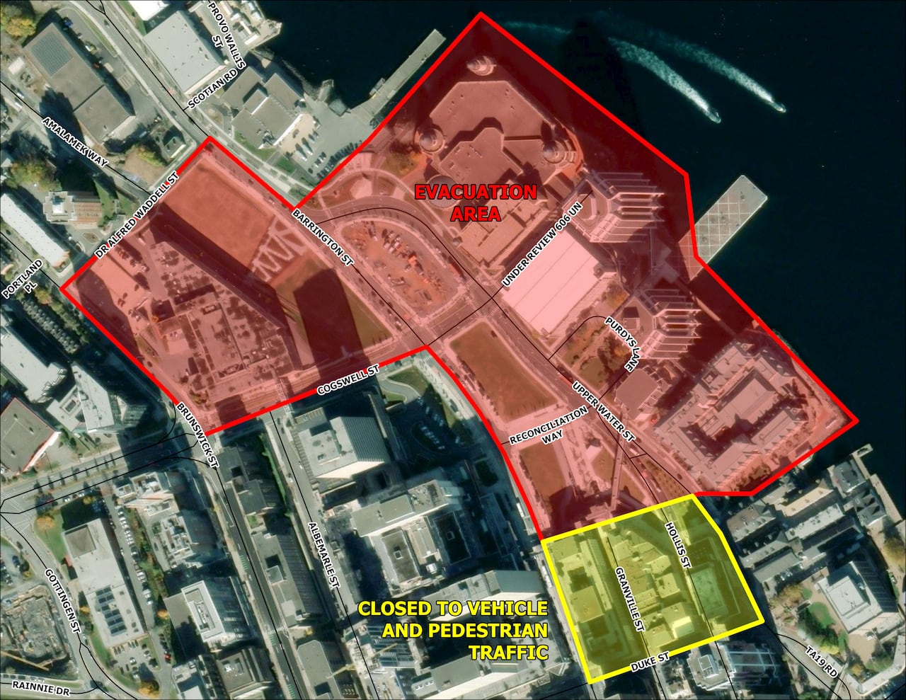 哈利法克斯市中心疏散区域地图，红色为疏散区域，黄色为交通封闭街道