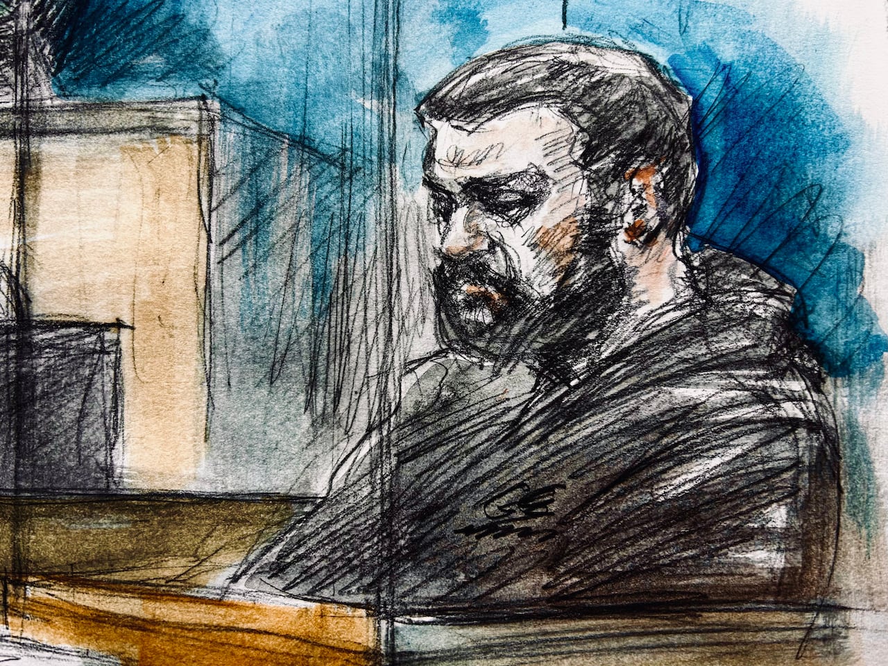 Sketch of a man sitting in the prisoner's box.