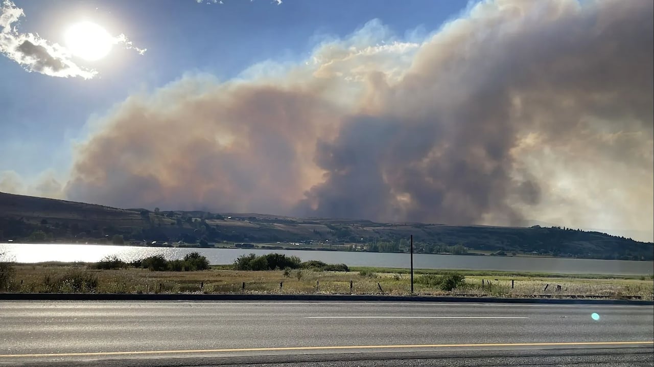 A large plume of wildfire smoke is visible north of Vernon, B.C., near Okanagan Lake.