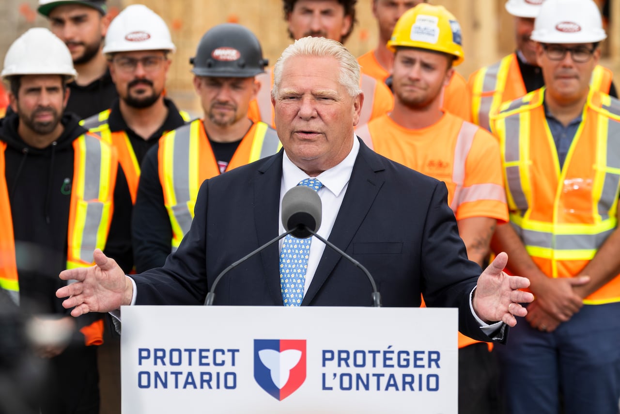 Ontario Premier Doug Ford speaks to media at a housing development in Hamilton, on Monday, Aug. 24, 2026.