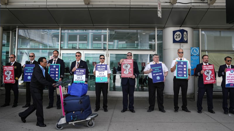 WestJet pilots picket line at Toronto Pearson Airport