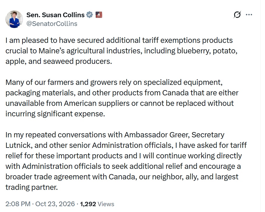 U.S. Sen. Susan Collins post on X on Oct. 23, 2026.