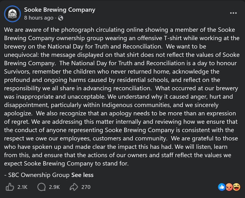 Sooke Brewing Company issued a statement Sept. 30 addressing a photograph of an ownership group member wearing a “Show Me the Evidence” shirt at the brewery.