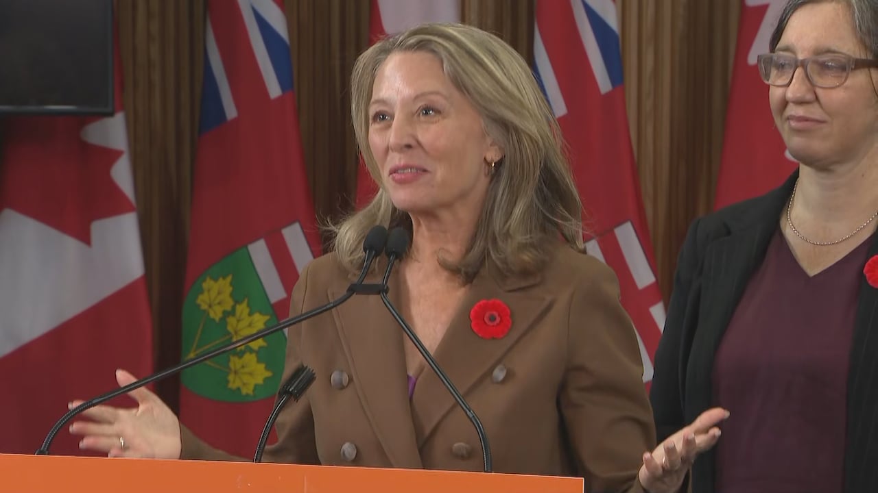 NDP Leader Marit Stiles talks to reporters at Queen's Park