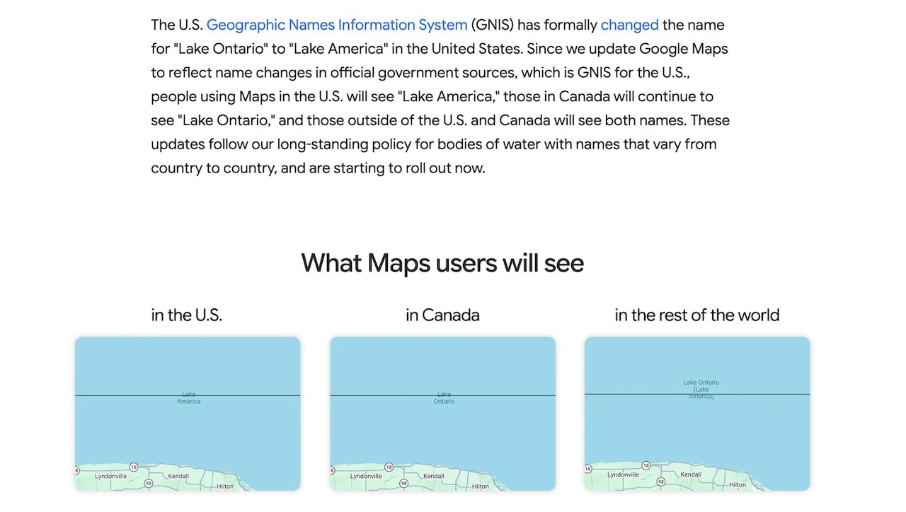A notice from Google that reads, in part, "The U.S. Geographic Names Information System (GNIS) has formally changed the name for "Lake Ontario" to "Lake America" in the United States...