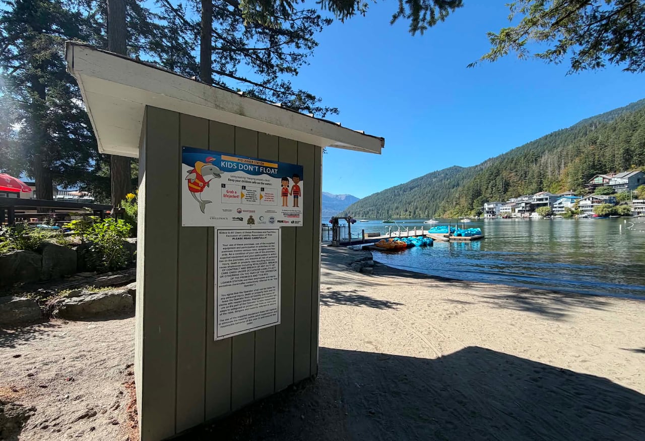 A structure has a sign discussing how kids don't float. That structure usually has life jackets inside. In the distance is the lake with some paddle boats.