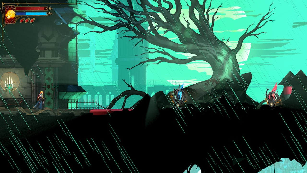 Video game screenshot of a big tree in the wind outside a castle.