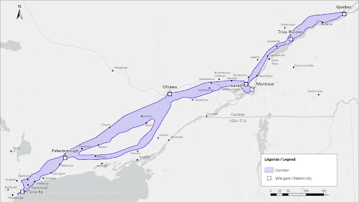 A map of the Alto train project from Toronto to Quebec city