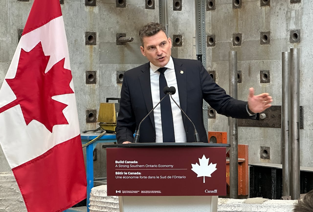 AI Minister Evan Solomon, seen here last summer at the University of Windsor, says the government will make a 'big announcement' on AI safety this week