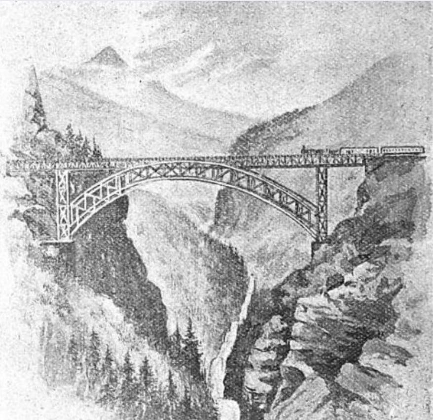An old-timey drawing of a train bridge over a large cliff.