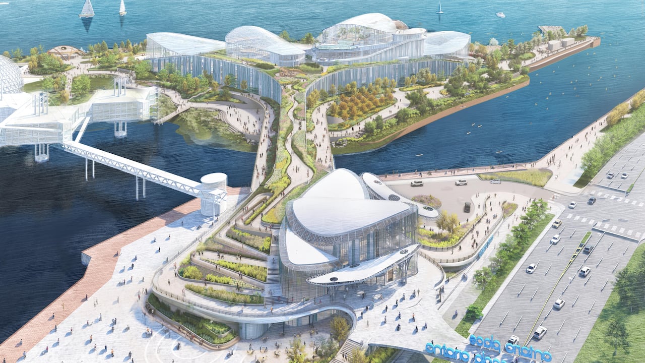 A sketch of multiple pavilions on Toronto's lakeshore on a sunny day