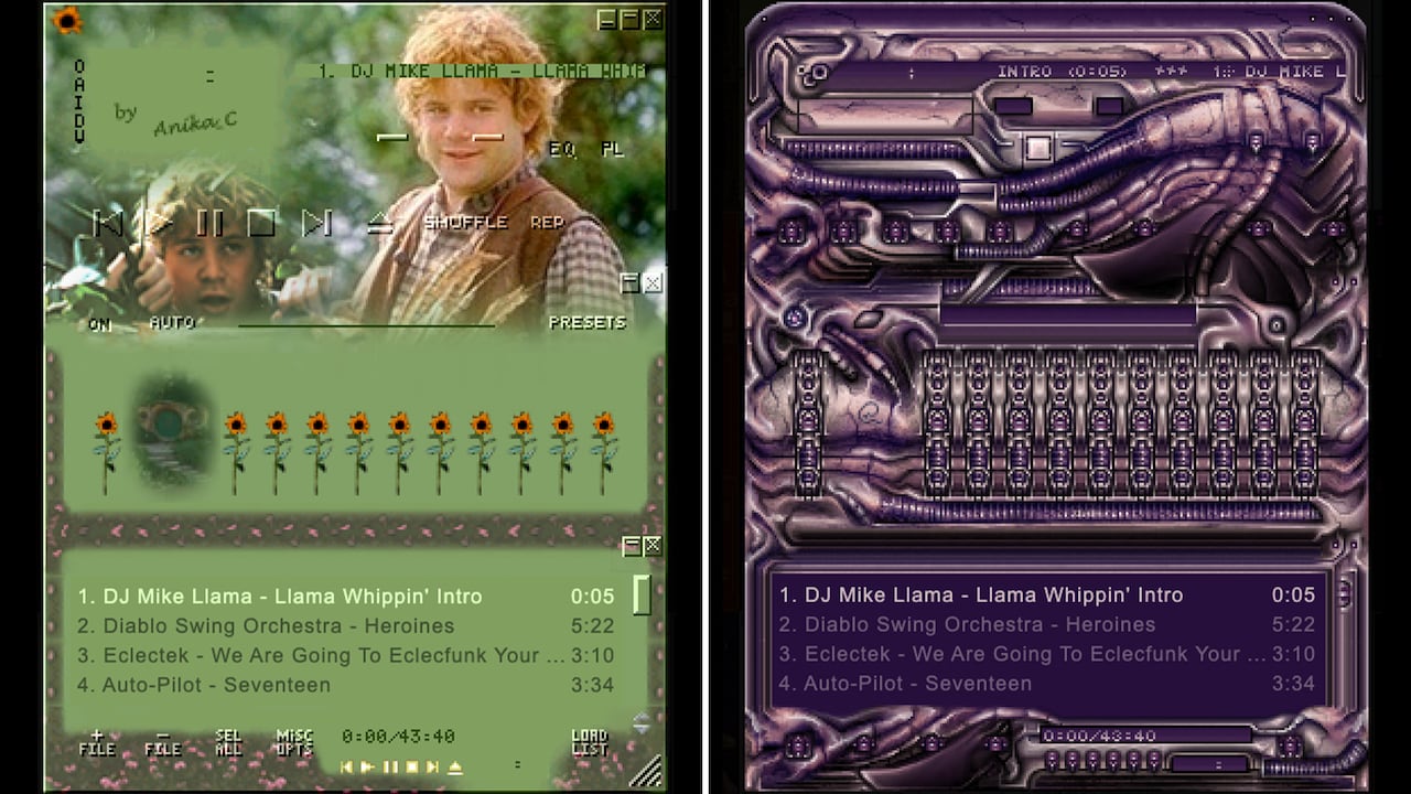 A composite shows two music player interfaces which have been edited to have different backgrounds. The one on the left showcases Samwise Gamgee from Lord of the Rings, while the one on the right is a more cyberpunk aesthetic.