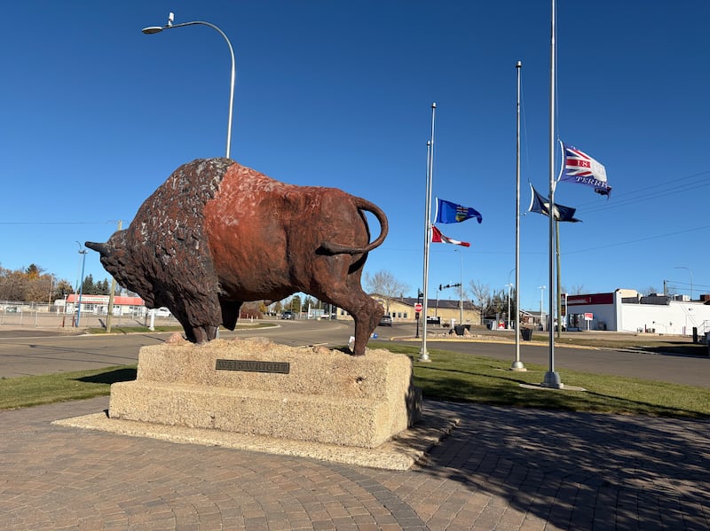 Flags in Wainwright, Alta., were lowered to half mast following the deadly incident at CFB Wainwright on Oct. 17, 2026. (Nicole Weisberg / CTV News Edmonton)