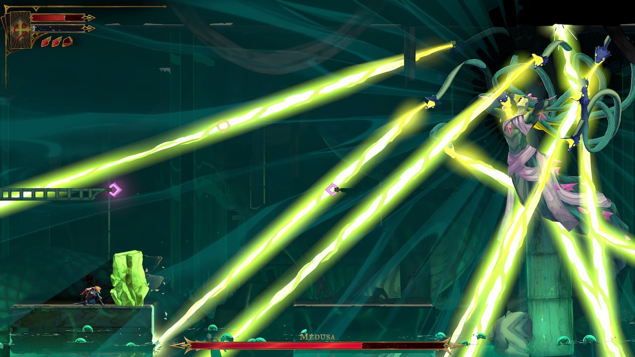 Video game screenshot of a woman wearing white and blue fighting a giant snake woman in a sewer.