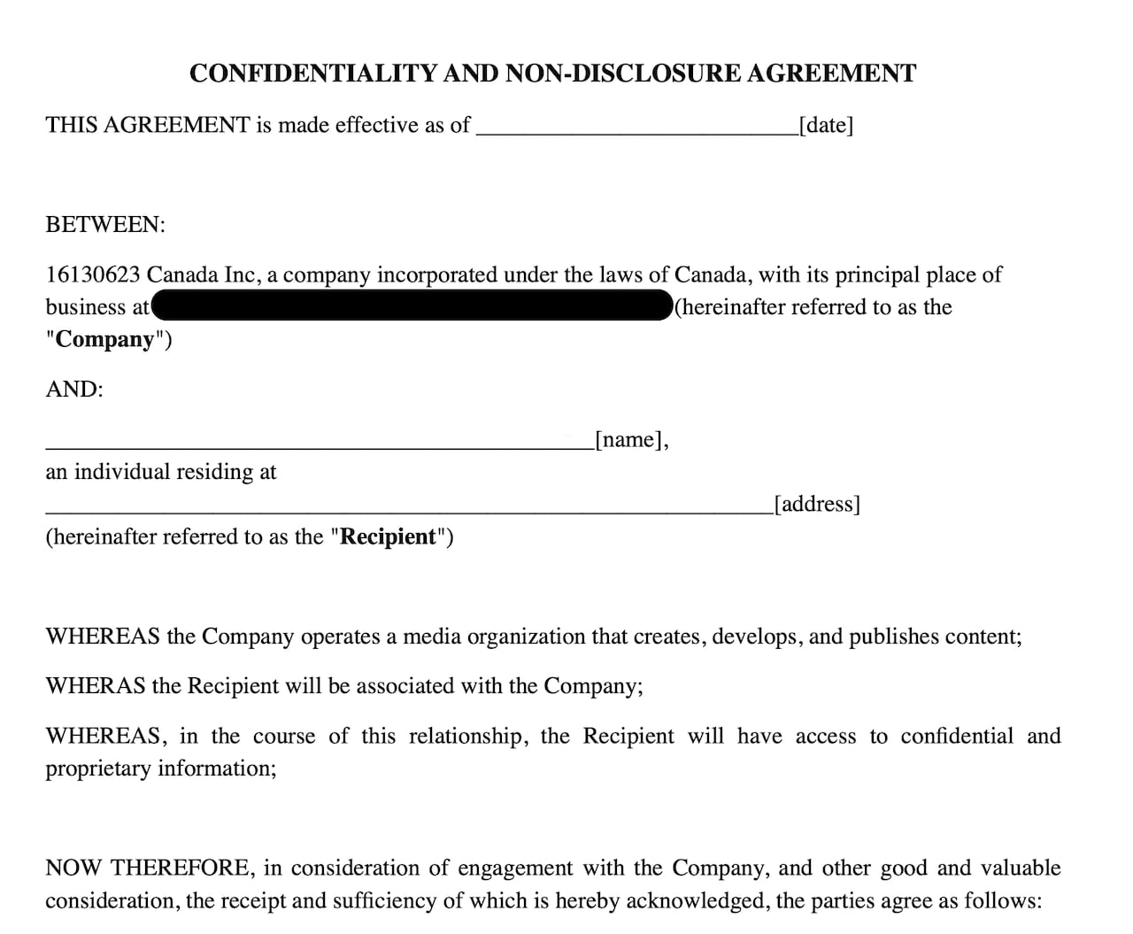 A screenshot of a non-disclosure agreement.