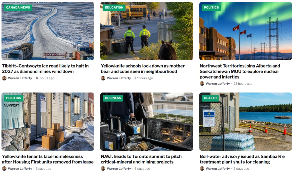 A screen capture showing a series of headlines with the name Warren Lafferty attached to each article.