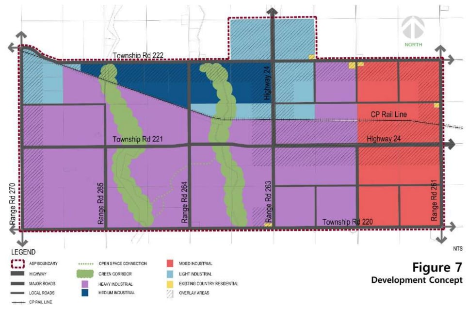 The same colourful map with majority of the light blue swapped out for a darker blue, symbolizing medium industrial development.