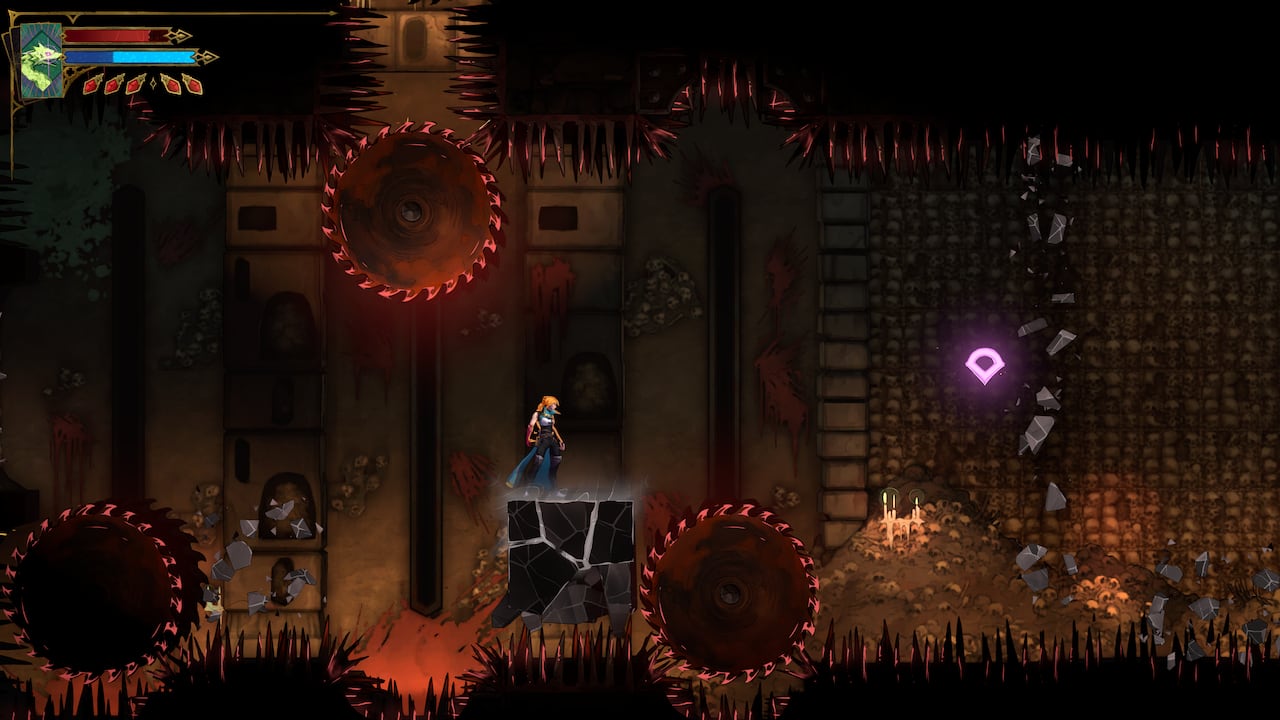Video game screenshot, a woman wearing blue and white is surrounded by spinning razor blades and spikes in a dark dungeon.
