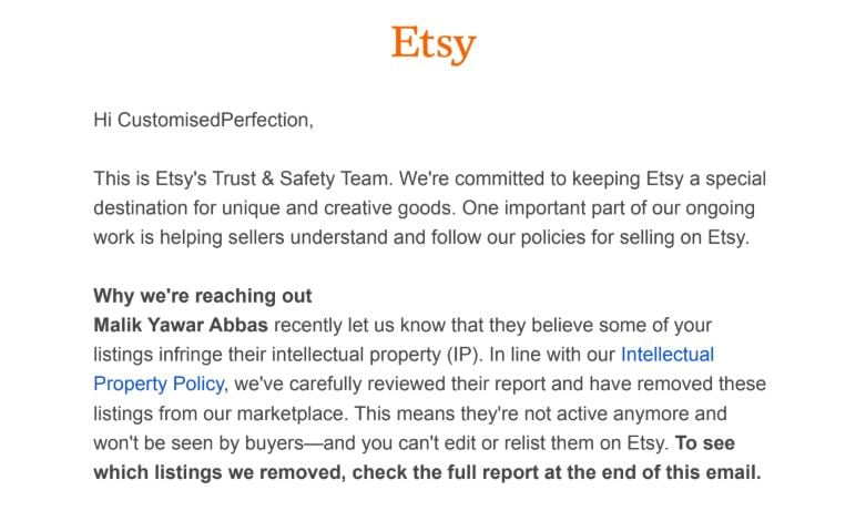 A screenshot of an email from etsy notifying a business that some of their listings were taken down from a site.