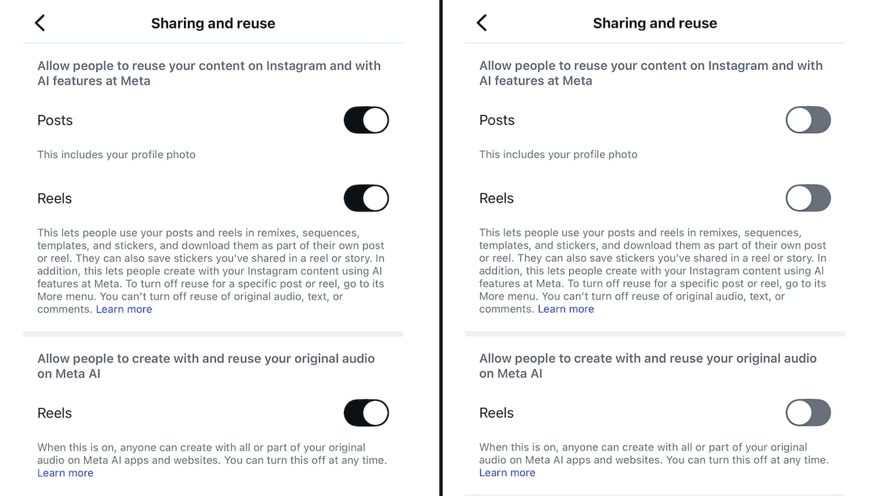Side-by-side images showing AI settings in a social media app. On the left is a bar of text with three button switched to the right to indicate "on." On the left is similar text and buttons but switched to the left to indicate "off."