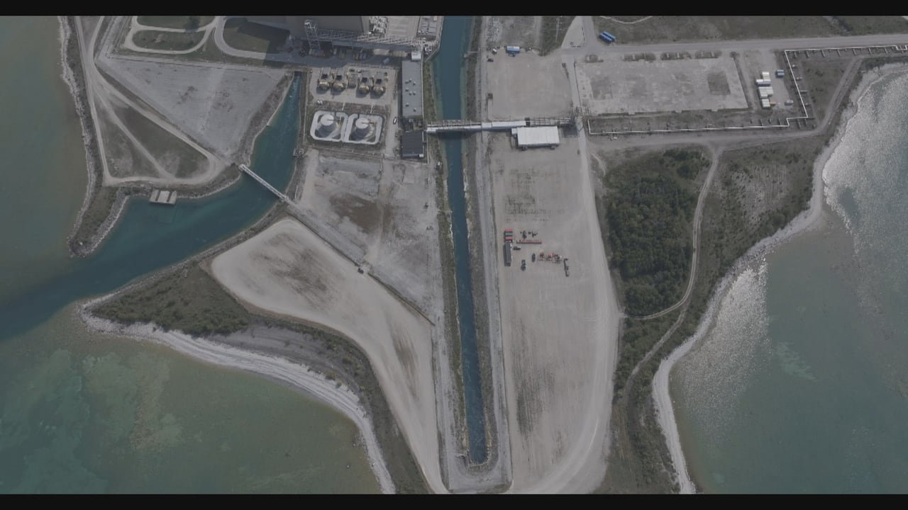 An aerial photo of the ponds that hold cooling water for Bruce Nuclear Generating Station